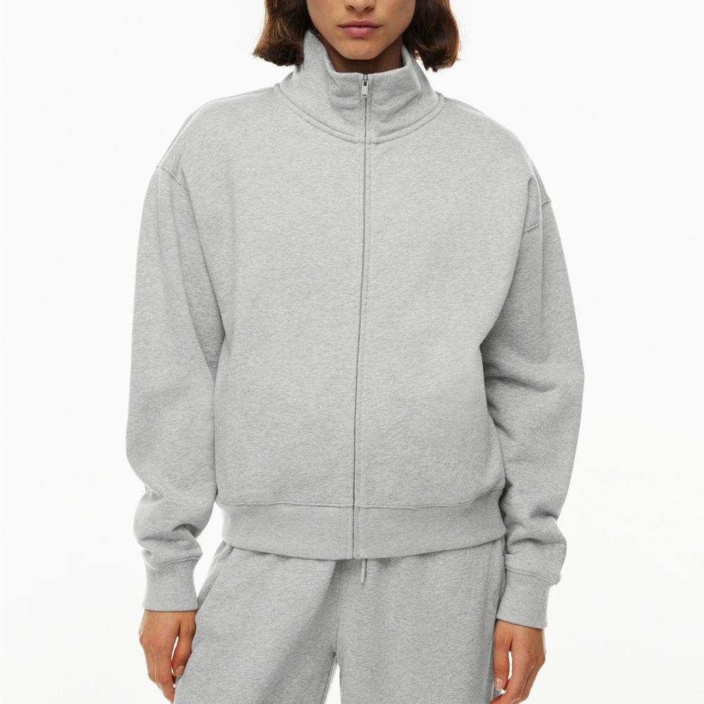 Babaton Light Gray Zip-Front Funnel Neck Sweatshirt